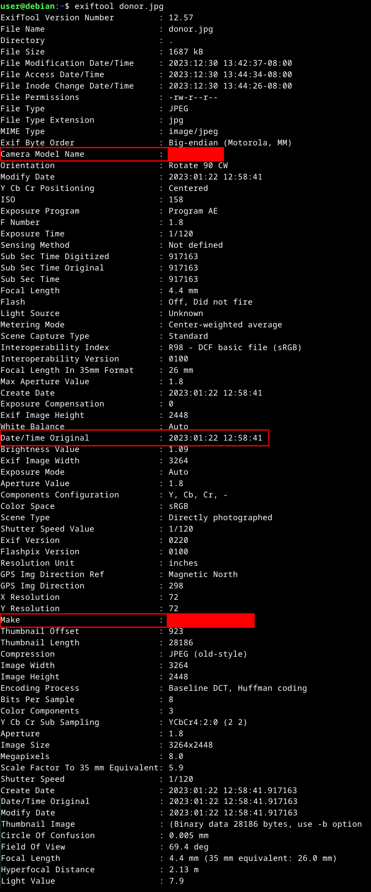 Окно терминала с выводом exiftool на Debian.