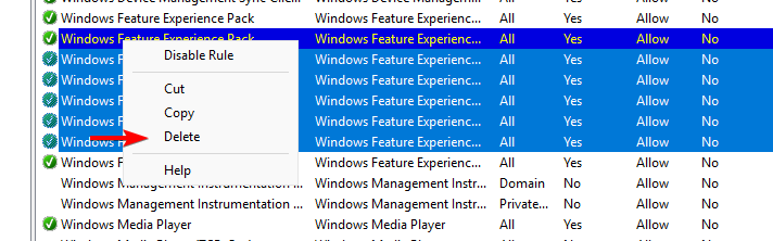 Контекстное меню для удаления правила брандмауэра