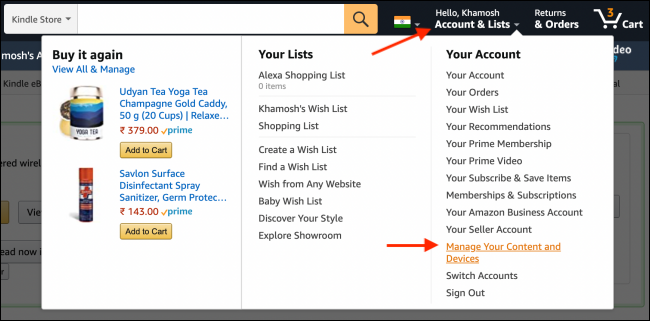 Перейдите в управление устройствами на Amazon