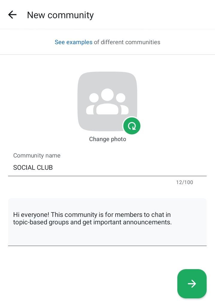 Форма создания сообщества: имя, описание, фото