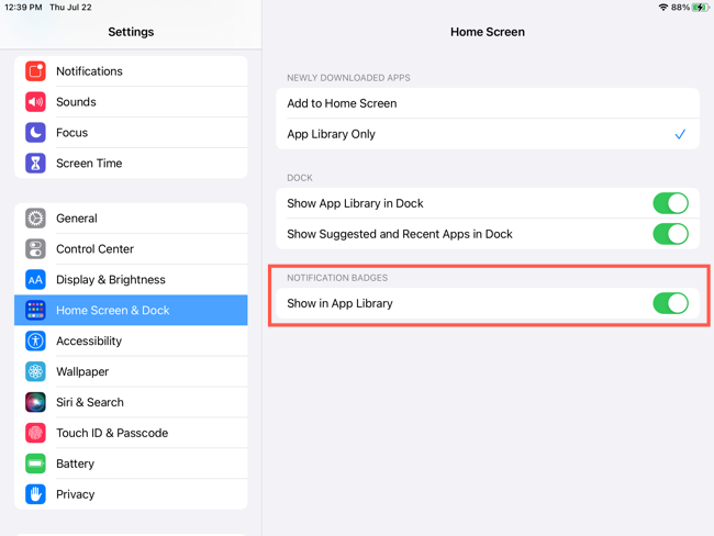 Включение значков уведомлений в Библиотеке программ