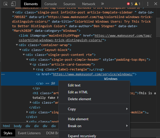 Панель разработчика Chrome с выделенным текстом