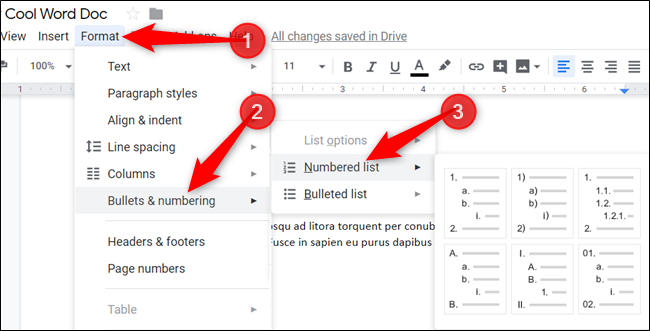Выбор меню Format → Bullets & Numbering → Numbered list в Google Docs.