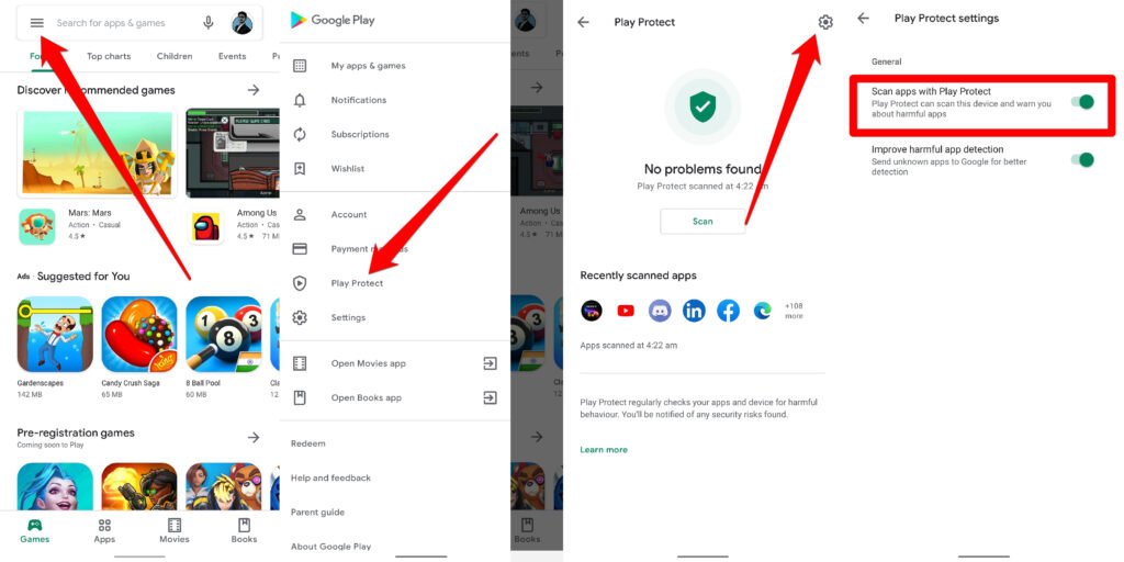 Schermata di Play Protect con l'opzione per disattivare la scansione delle app