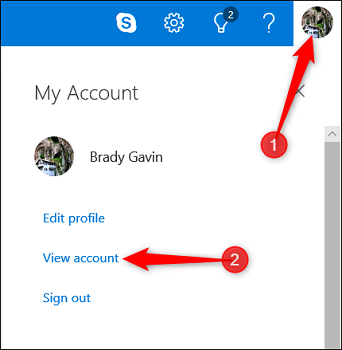 Меню профиля Outlook, ссылка View Account
