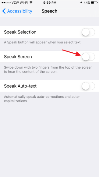Переключатель Чтение экрана и параметры голосов
