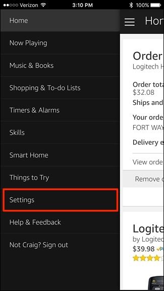 Раздел Настройки в приложении Alexa