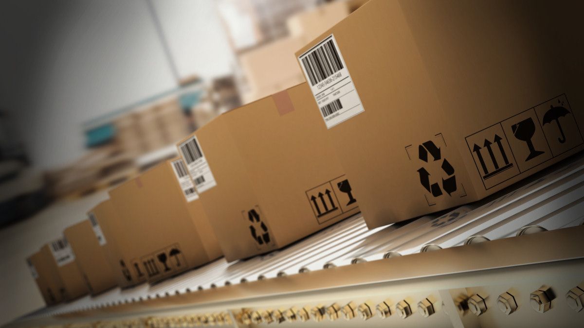 Shipping boxes on a conveyer belt