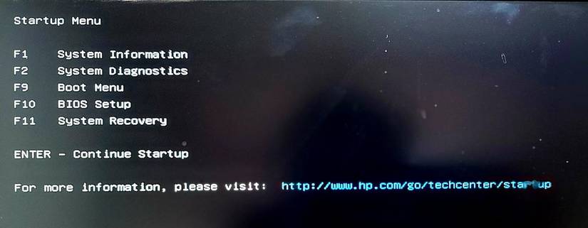 Меню запуска HP с выбором доступа к BIOS/UEFI