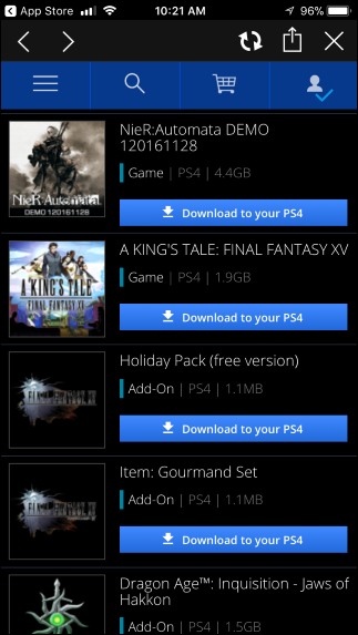 Кнопка «Загрузить на вашу PS4» в истории покупок