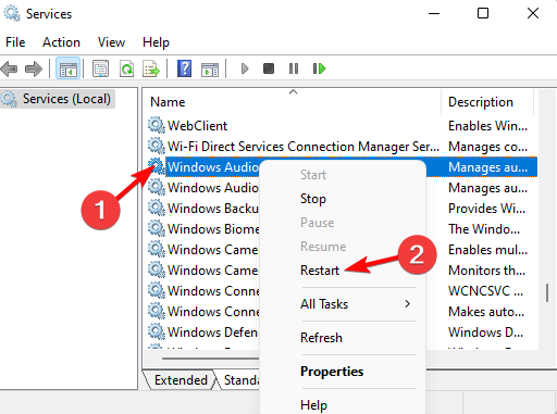 Перезапуск службы Windows Audio