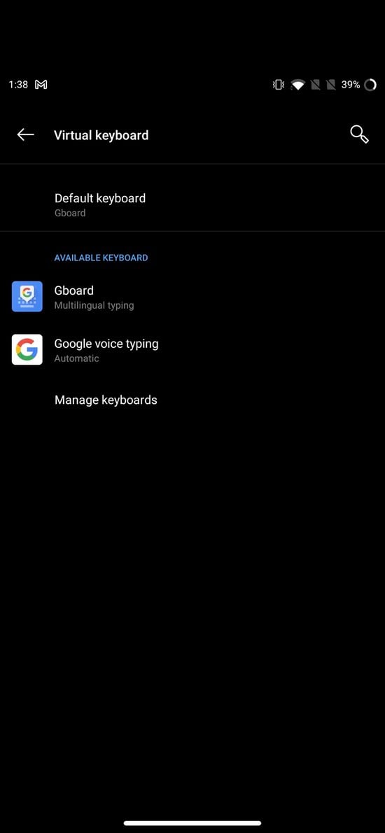 Выбор Gboard в списке клавиатур Android