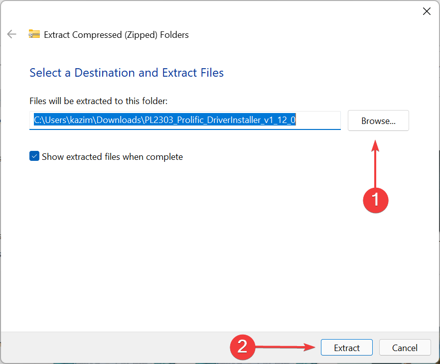 Выбор папки для извлечения файлов драйвера