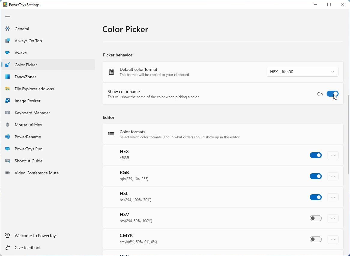 Включение показа названия цвета