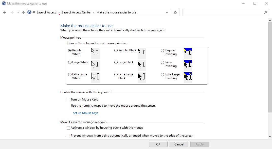 Параметры упрощения использования мыши в Центре специальных возможностей