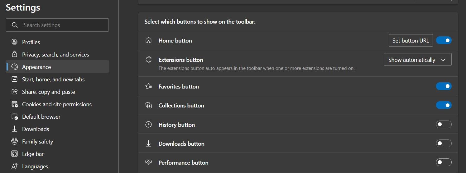 Настройки внешнего вида Edge