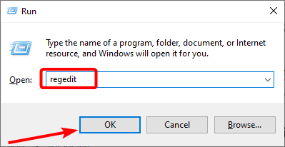 Finestra Esegui con regedit