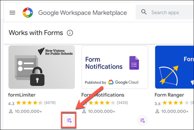 Кнопка Установить в карточке надстройки formLimiter в Google Workspace Marketplace