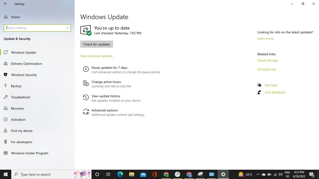 Результат поиска обновлений Windows