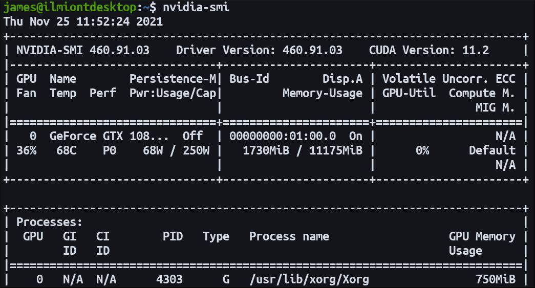 Скриншот вывода команды nvidia-smi на хосте