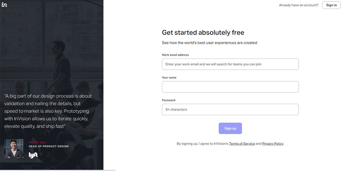 Форма регистрации в приложении Freehand