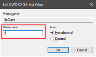 Редактирование значения NoClose в реестре — установка 1