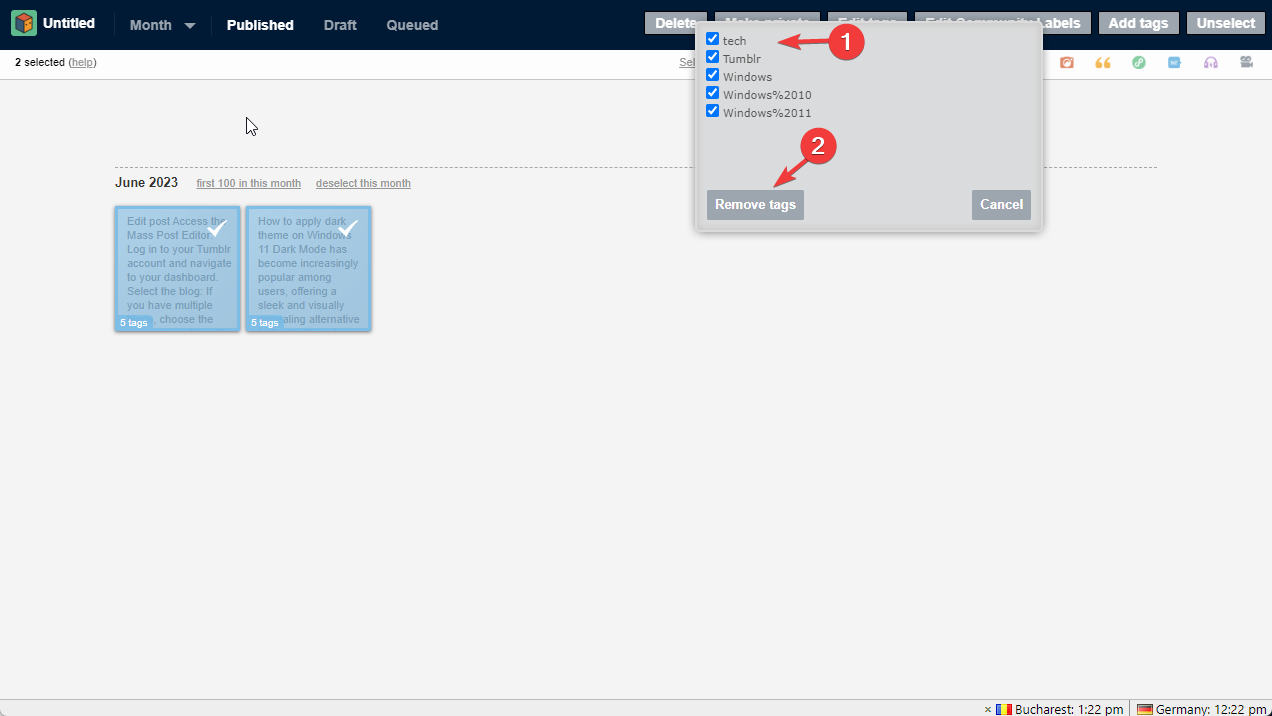 Опция Удалить теги