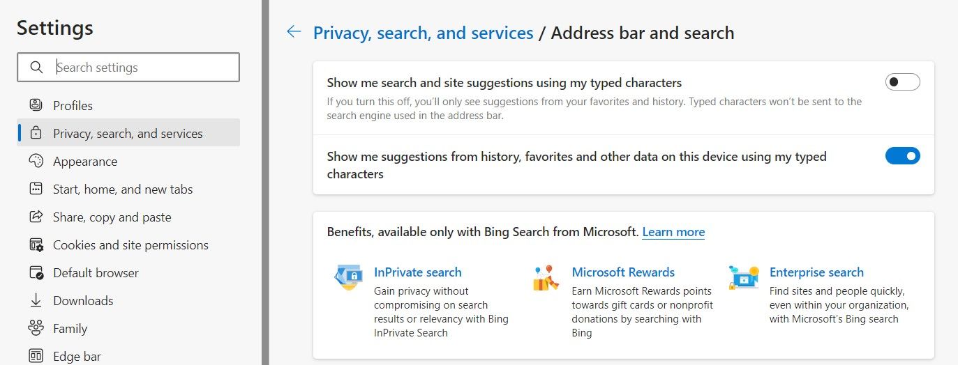 Отключение подсказок в настройках конфиденциальности Edge