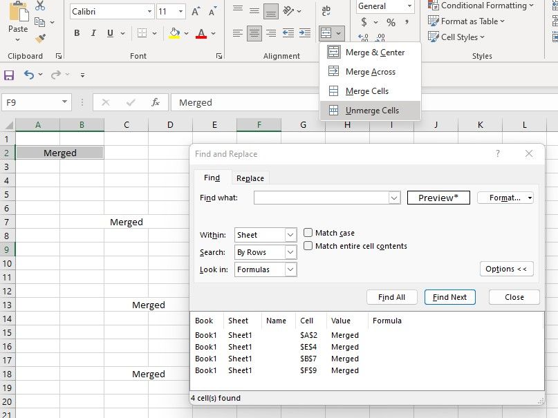 разобъединение всех выбранных ячеек