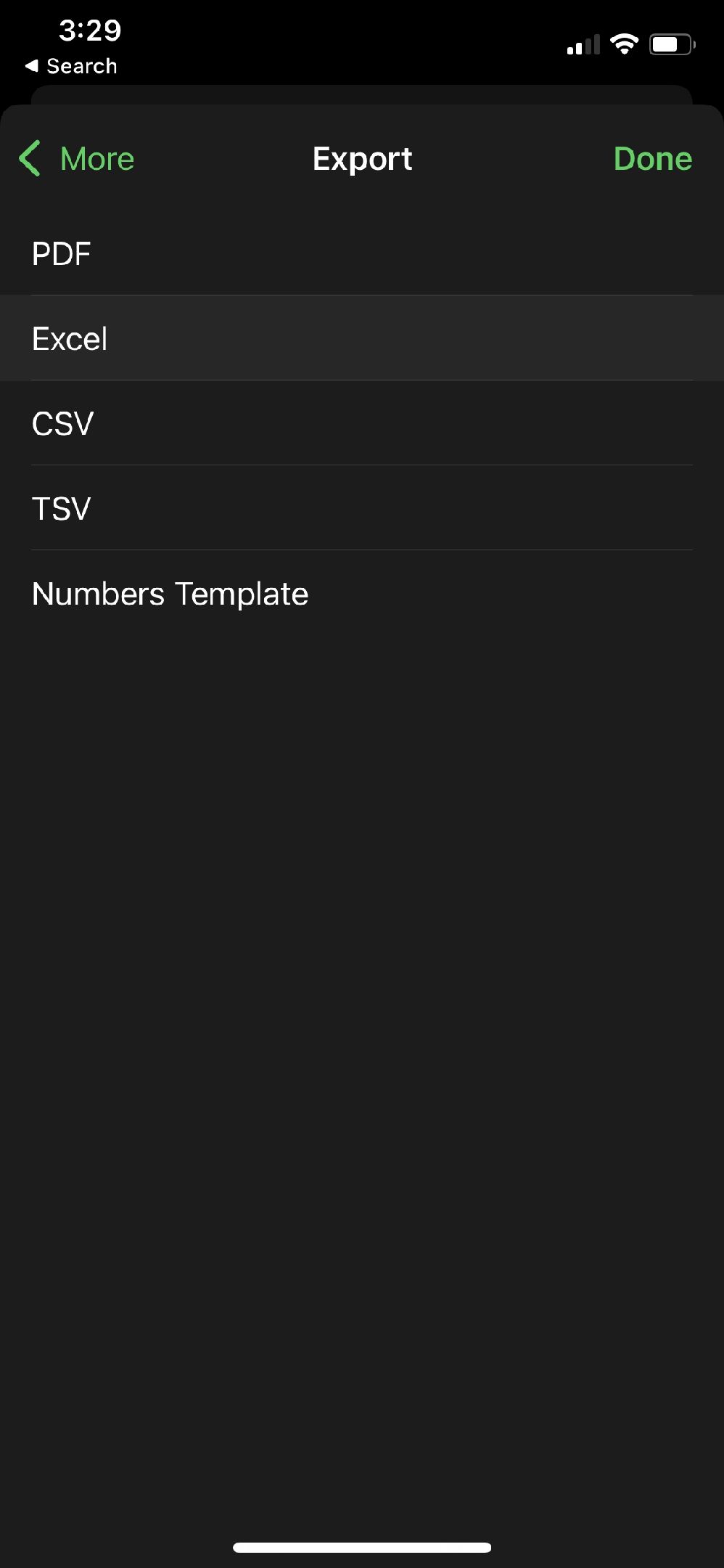 Экспорт в Excel в приложении Numbers на iPhone