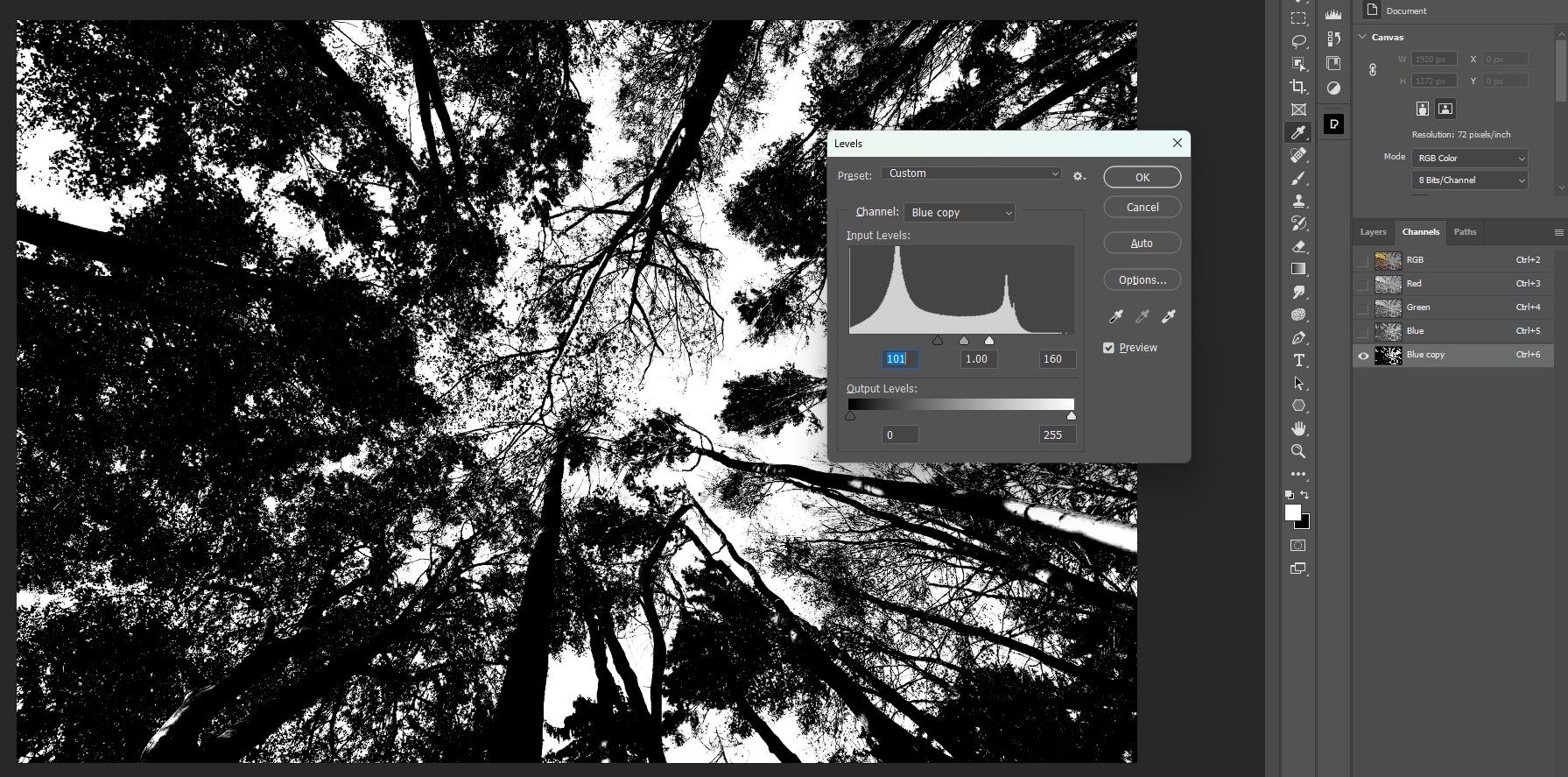 Настройка уровней для выделения неба