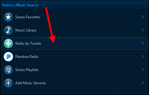 Выбор источника Radio by TuneIn в Sonos