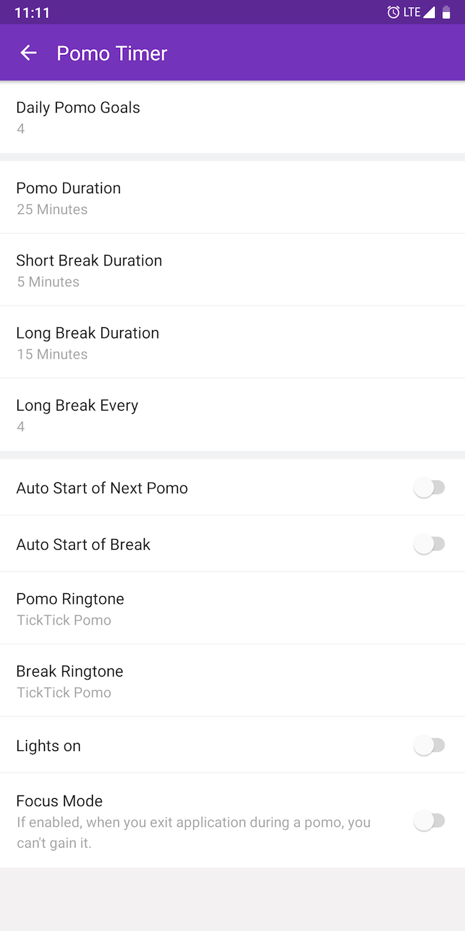 Pomo Timer settings TickTick