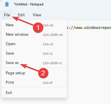 Панель меню «Файл» и опция «Сохранить как» в Блокноте для создания .bat