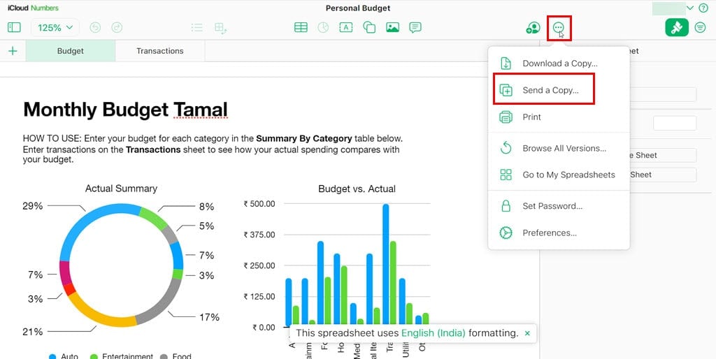 Опция 'Отправить копию' в меню Numbers