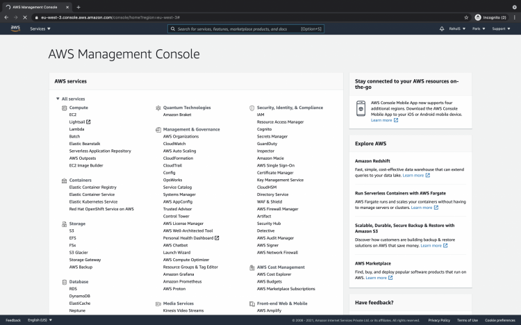 Главная страница AWS Management Console