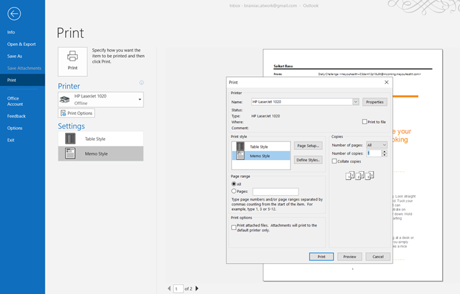 Параметры печати в Microsoft Outlook — выбор стиля Memo или Table