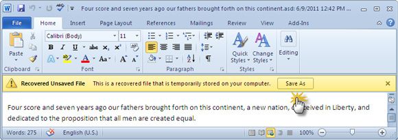 Сохранение восстановленного документа через Сохранить как в Word 2010
