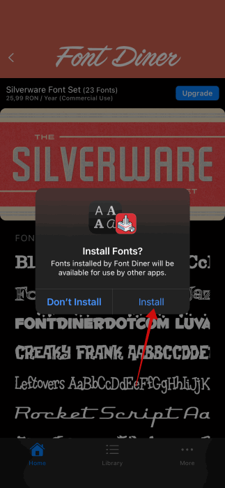 Подтверждение установки шрифтов в Font Diner