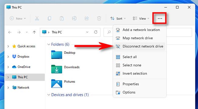Панель Проводника с кнопкой многоточия; в меню выделен пункт «Отключить сетевой диск».