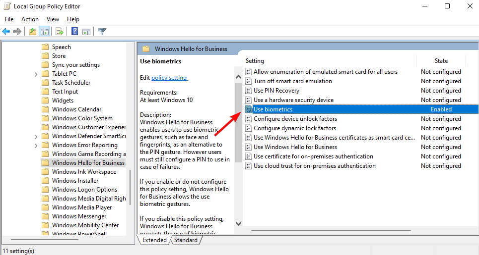 Политика использования биометрии в групповой политике