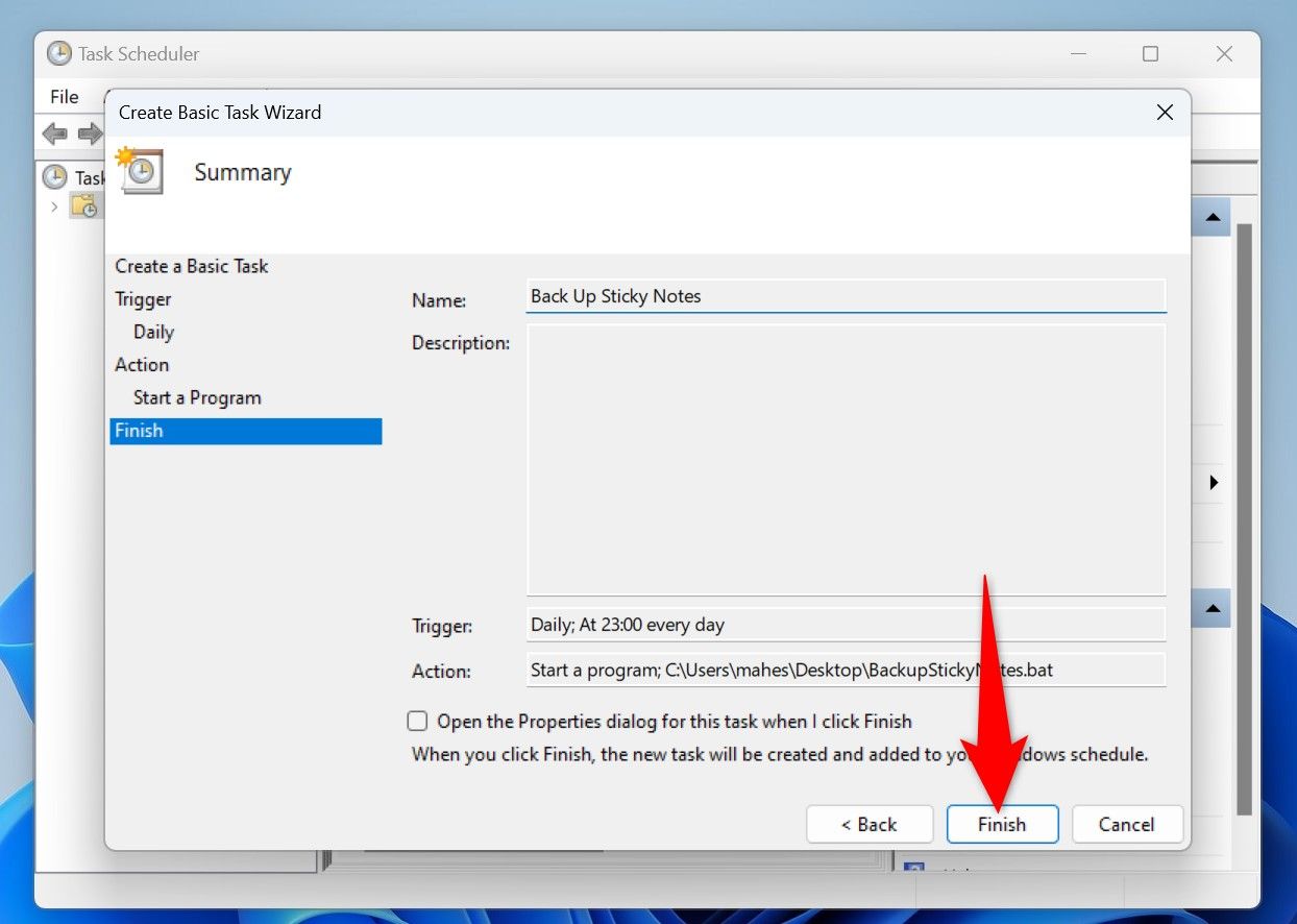 Кнопка Finish в мастере Планировщика.