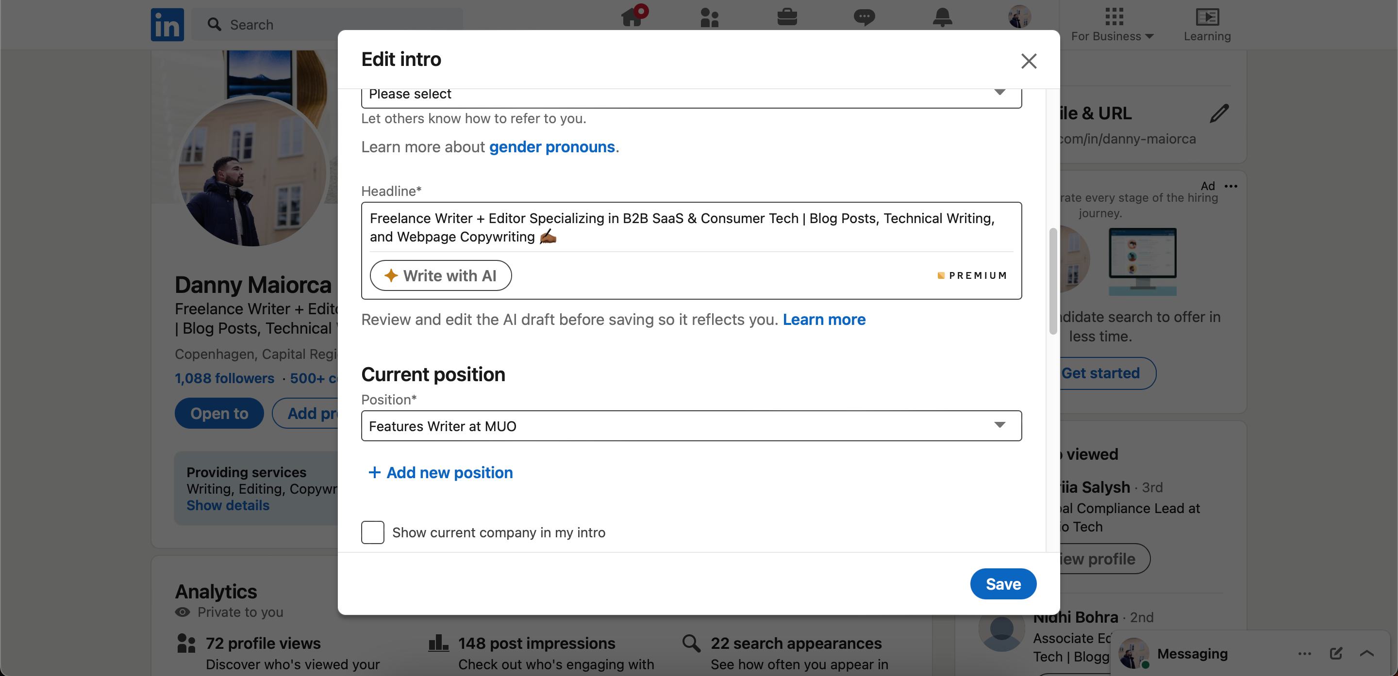 Кнопка Write with AI для заголовка