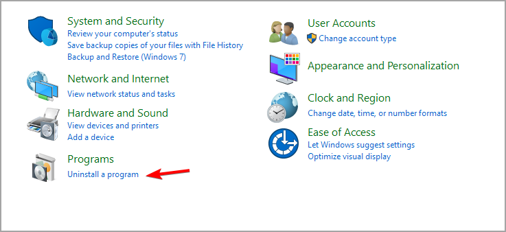 Список программ и компонент в Панели управления