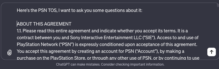 Интерфейс ChatGPT с загрузкой и первым разделом условий PSN видимым на экране.