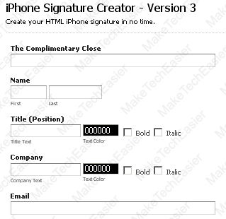 Форма генератора подписи: поля для имени, должности, телефона и т.д.