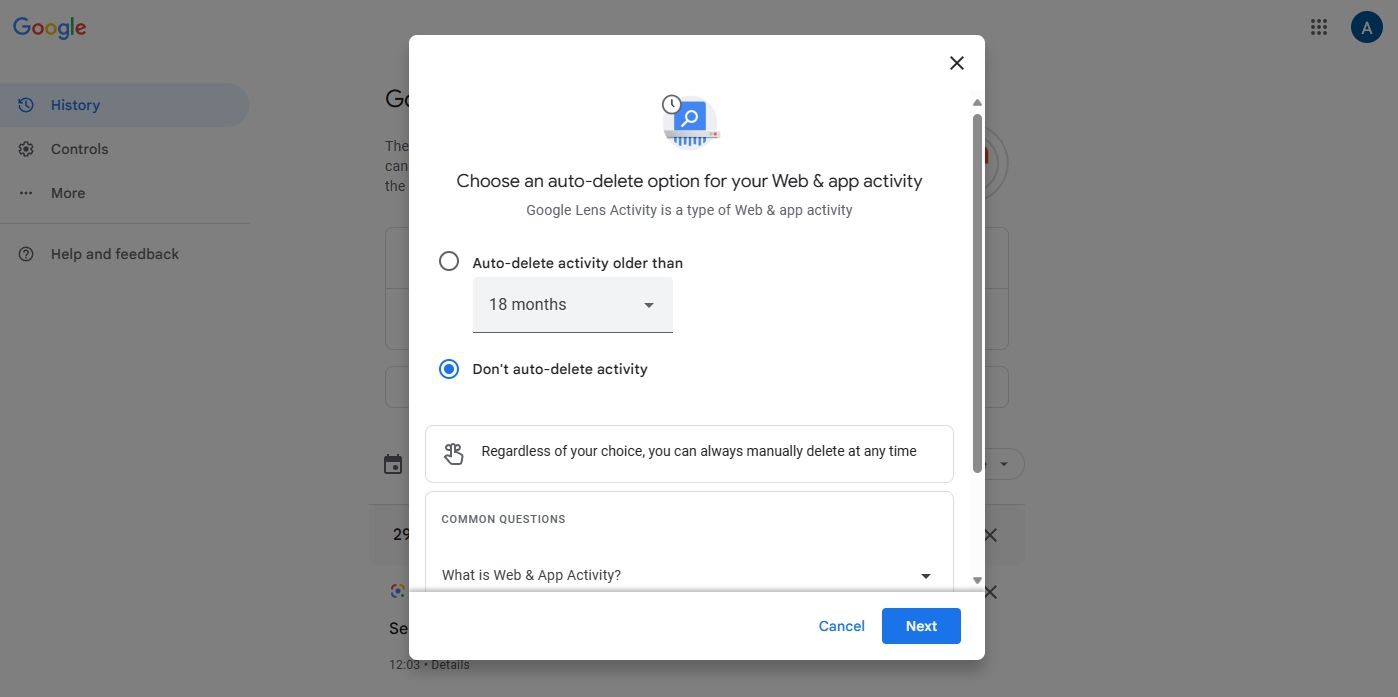 Опция не удалять автоматически активность на странице Google Моя активность