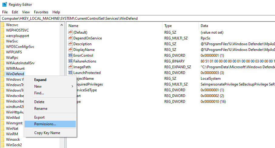 Окно разрешений реестра в regedit