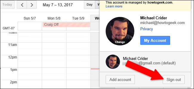 Меню профиля Google с кнопкой выхода