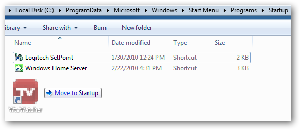 Ярлык WtvWatcher в папке автозапуска